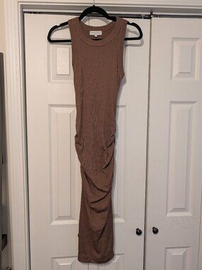 Michael Stars Wren Dress Brown Sleeveless Ruched Midi Dress Bodycon Minimal Chic